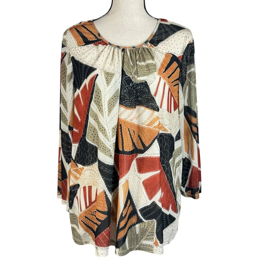 Alfred Dunner 2X-Large Top Leaf Print Lined Stretch 3/4 Sleeve Pullover Slits